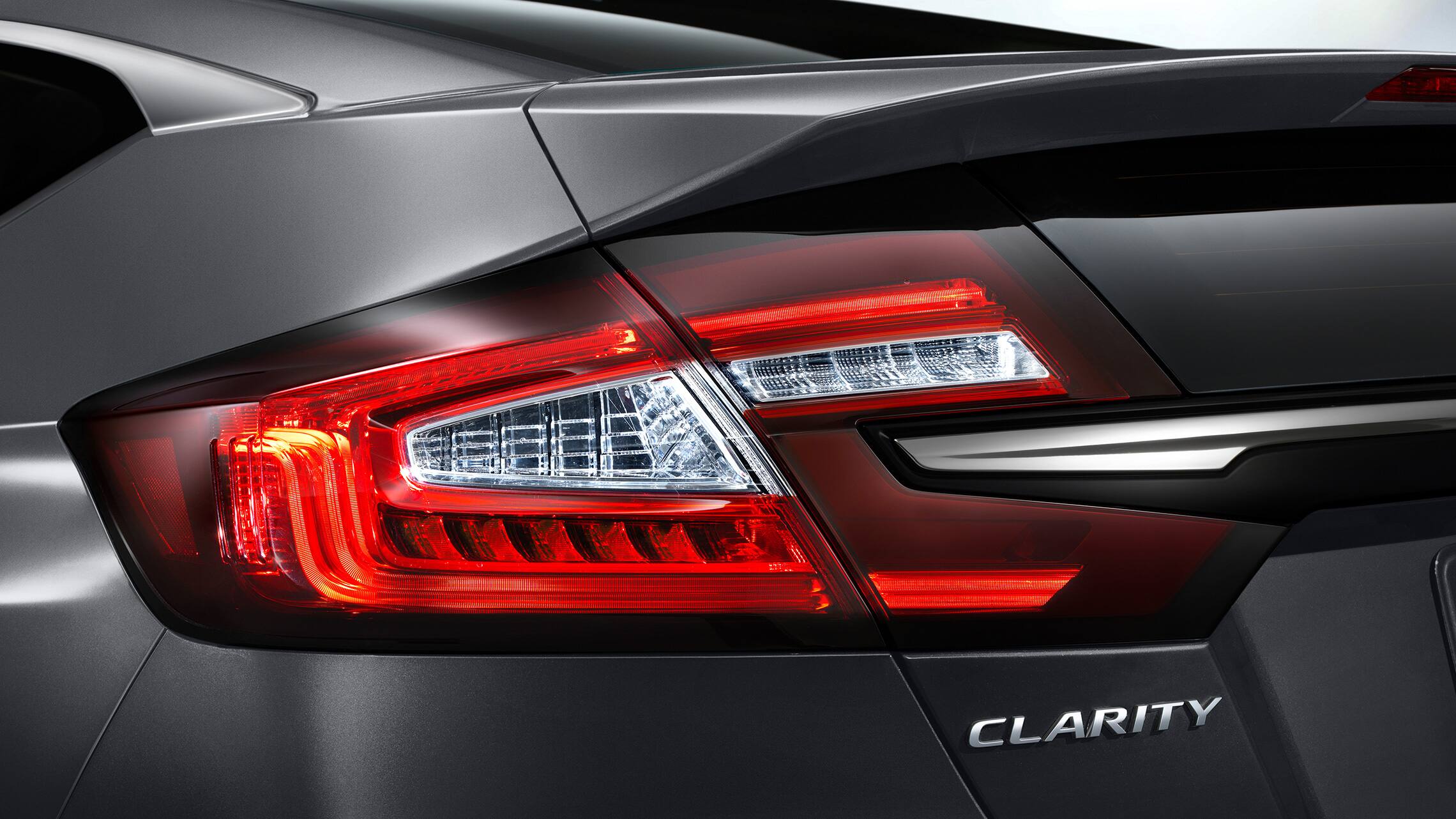 Detail of LED taillights on 2021 Clarity Plug-In Hybrid in Modern Steel Metallic.